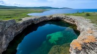 Natural rock arch formation over crystal clear turquoise water pool, dramatic coastal landscape with rolling green hills and ocean horizon in background.