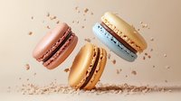 Colorful macarons falling with crumbs scattered on beige background, French pastry dessert confectionery sweets bakery food photography for culinary designs.