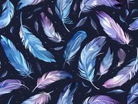 Magical seamless pattern with floating blue and purple feathers on dark starry background, perfect for textile, wallpaper and gift wrap designs.