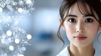 Young Asian woman with natural makeup and soft bangs looking at camera against blurred bokeh background with sparkle overlay effect for beauty and cosmetic advertising.