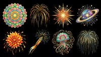 Colorful mandala flower, fireworks, starburst, and celestial designs isolated on transparent background. Ready for t-shirt designs, clipart, stickers, sublimation, and print-on-demand projects.