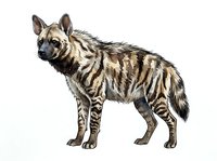 Striped wild dog with tan and black markings standing in profile against white background, suitable for wildlife education, zoology materials, and nature design projects.