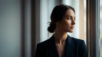 Professional businesswoman in dark suit gazing thoughtfully through office window, contemplating future opportunities and career growth in corporate environment.