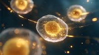 Glowing cells with golden nuclei floating in dark space, illuminated by bright energy streams and light particles creating magical microscopic atmosphere.