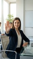 Professional businesswoman in navy suit waving hello during office meeting, corporate executive greeting colleagues in modern workplace conference room.