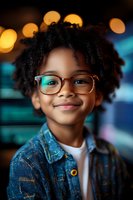 Young African American child wearing stylish glasses and denim jacket smiles warmly against blurred bokeh background, natural curly hair styled in modern afro.