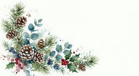 Winter holiday corner decoration with pine branches, pinecones, eucalyptus leaves and red berries on white background for seasonal greeting cards.