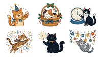 Cute cats celebrating party occasions with festive decorations, balloons, and holiday elements. Isolated clipart collection ready for greeting cards, invitations, and design projects.