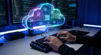 Professional developer working with holographic cloud computing interface displaying colorful data visualization and coding screens in modern office.