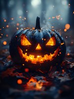 Glowing jack-o-lantern with carved face illuminated from within, surrounded by autumn leaves and magical bokeh lights in misty forest setting.