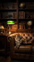 Tabby cat resting on brown leather Chesterfield armchair in vintage study room with wooden bookshelves, antique globes, brass telescope, green desk lamp, and classic literature collection.