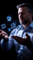 Caucasian businessman with glowing digital cubes floating above hands against dark background, blue light effects create magical atmosphere for technology concept.