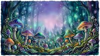 Enchanted forest floor with glowing mushrooms and magical lights filtering through tall trees, creating a mystical woodland fantasy atmosphere.