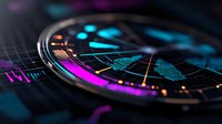 Futuristic smartwatch displaying colorful data analytics and financial charts with glowing interface elements on dark technology background.