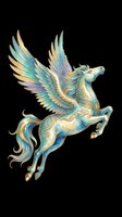 Ornate winged horse with gold and turquoise accents, isolated on transparent background. Ready for t-shirts, stickers, sublimation, print-on-demand products and clipart designs.