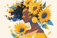 Young African American woman with flowing hair surrounded by vibrant sunflowers, wearing yellow dress. Artistic illustration in modern style with blue and yellow color palette.