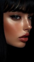 Close-up profile portrait of Asian woman with glossy makeup, black straight hair, and dramatic winged eyeliner against dark background, highlighting glowing skin.
