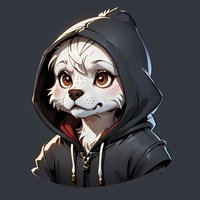 Cute white dog character wearing black hoodie with expressive brown eyes and friendly smile on dark background, stylized cartoon mascot design for gaming or branding.