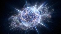 Abstract cosmic energy sphere with swirling patterns and bright light rays emanating from center against starry space background for sci-fi designs.
