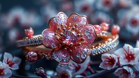 Delicate rose gold flower ring with pink enamel petals and crystal details, surrounded by cherry blossom branches in soft focus background.