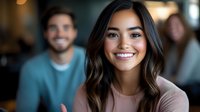 Young Asian woman with radiant smile and wavy brown hair wearing pink sweater in casual office environment with coworkers in background, expressing joy and confidence.