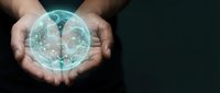 Hands holding glowing digital brain with neural network connections representing artificial intelligence and machine learning technology concepts.