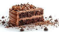 Decadent chocolate layer cake slice with rich frosting and chocolate shavings on top, showcasing moist texture and dark crumbs scattered around on white background.