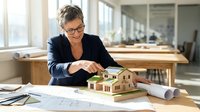 Mature female architect with gray hair and glasses examining wooden house model on desk with blueprints in bright office space, suitable for real estate, architecture, and construction industry concepts.