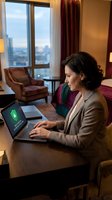 Middle-aged woman with dark hair working on laptop in luxury hotel room with city skyline view, security app displayed on screen.