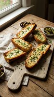 Garlic bread slices with herbs and cheese on wooden cutting board near window with olives and pickles for appetizer or side dish preparation.