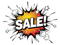 Comic book style sale explosion banner with burst effect and stars on white background for promotional marketing campaigns.