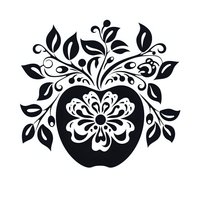 Decorative black silhouette of apple with ornate floral pattern and swirling leaves on white background. Ideal for logo design.