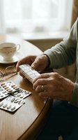 Senior person organizing daily medication pills in weekly dispenser at home table with tea cup for healthcare routine.