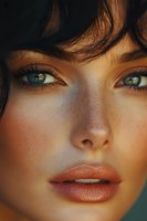 Close up portrait of young woman with striking green eyes, natural freckles, and coral lipstick in warm sunlight showing flawless skin texture and makeup details.