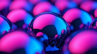 Glossy spheres with vibrant pink and blue neon lighting creating futuristic abstract background for modern digital design and technology concepts.