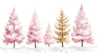Watercolor winter forest with pink and golden evergreen trees on white background for seasonal design projects and holiday decorations.
