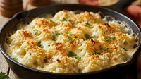 Golden baked cauliflower gratin with melted cheese and herbs in cast iron skillet, comfort food side dish for family dinners and holiday meals.