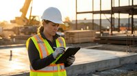 Female construction worker in safety vest and hard hat using digital tablet at building site during golden hour sunset.