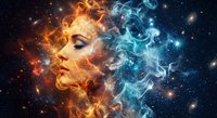 Mystical woman portrait with fiery orange and icy blue cosmic energy swirling around face against starry space background for fantasy art projects.