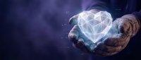 Businessman hands holding glowing geometric heart symbol with digital network connections on dark blue background for technology and healthcare concepts.