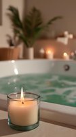 Aromatic candle beside filled bathtub with palm plant and soft lighting creating relaxing spa atmosphere for wellness and self-care rituals.