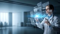 Male doctor in white coat interacting with futuristic holographic medical interface displaying digital health data and analytics in modern hospital.