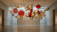 Golden dragon with red lanterns floating in modern gallery space for Chinese New Year celebration and festival decoration.
