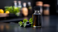 Small glass bottle with golden liquid, fresh blueberries and mint leaves on dark background, moody lighting creates luxurious atmosphere for wellness and spa products.