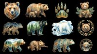 Watercolor bear collection isolated on transparent background, featuring grizzly, polar, and black bears with nature motifs, paw prints, and compass rose for clipart and stickers.