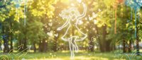 Magical fairy silhouette dancing in enchanted forest with glowing light effects and sparkles. Fantasy woodland scene with bokeh and lens flare elements.
