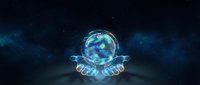 Futuristic holographic globe floating above robotic hands in dark space with glowing blue energy effects and starfield background for technology concepts.