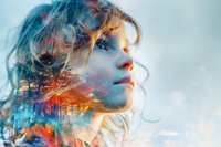Young Caucasian woman with curly hair in creative double exposure effect blending female portrait with vibrant orange and blue abstract paint splashes and light effects.
