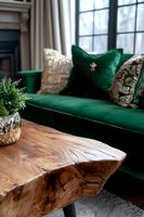 Luxurious emerald green velvet sofa with decorative pillows paired with natural edge wood slab coffee table and potted greenery in crystal vase creates elegant living space.