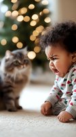 African American toddler in holiday sweater making funny face while playing with gray cat on carpet, Christmas tree lights creating warm bokeh background.